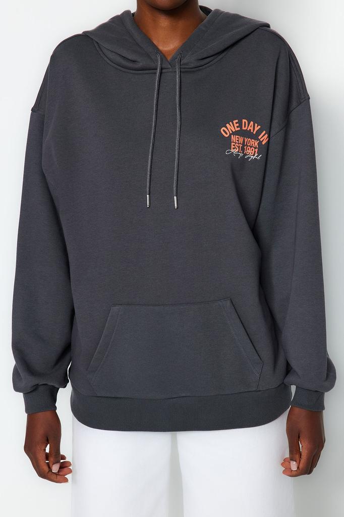 Женская мода стильная толстовка антрацитовый слоган с принтом оверсайз с капюшоном толстая вязаная толстовка