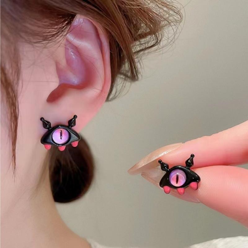 Unique Black Pink Monster Demon Eye Stud Earrings for Women New Modern Korean Fashion Cute Girl Party Zircon Accessories