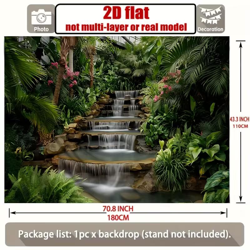 2D Garden Waterfall Backdrop, Tropical Plants & Cascading Waterfall Background Cloth