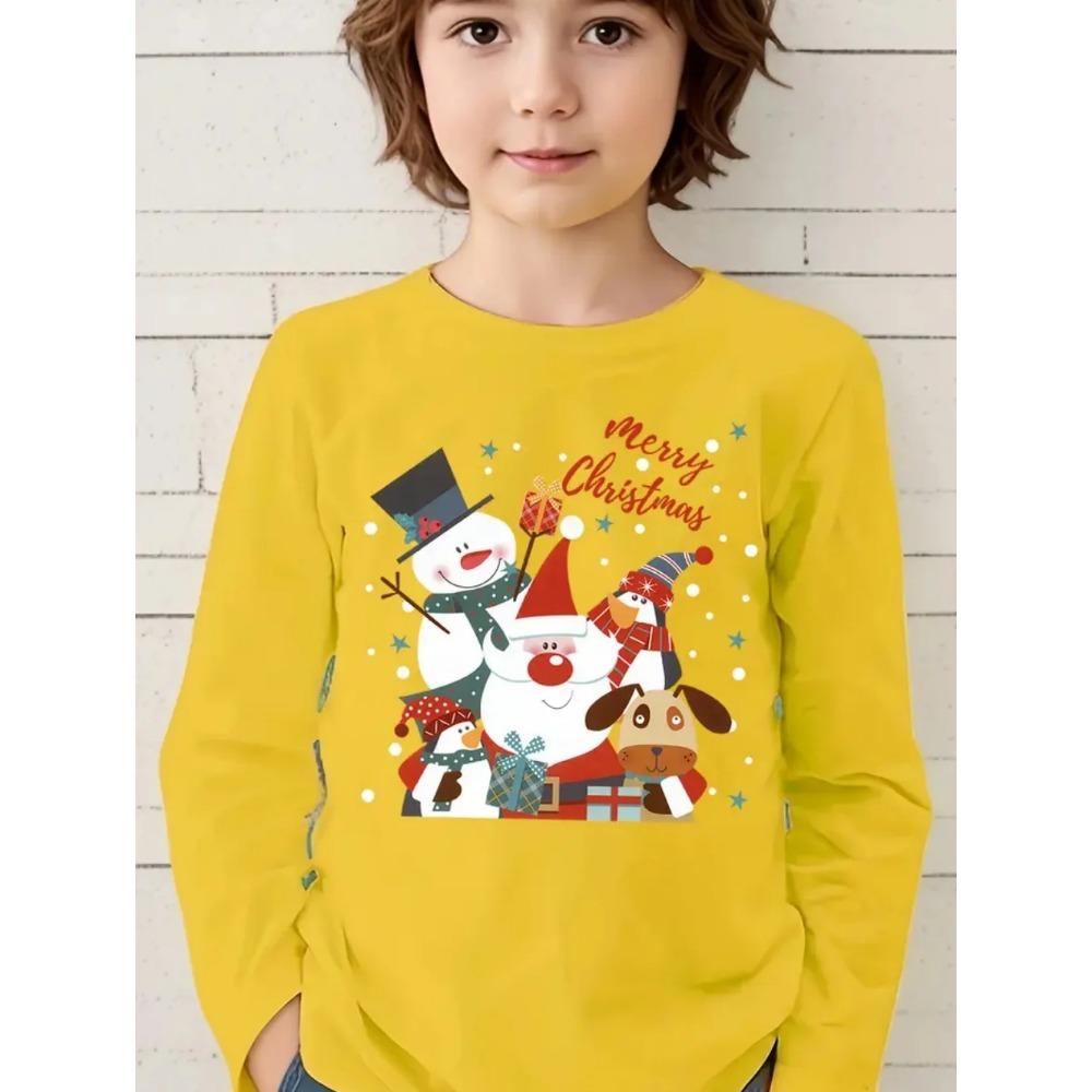 Spring and Autumn Round Neck 3D Christmas Theme Printed Top Fashionable Casual Long Sleeved Children's Boy T-shirts