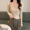 Женская весна-осень с квадратным воротником и длинным рукавом, однотонная тонкая верхняя одежда, короткий вязаный свитер