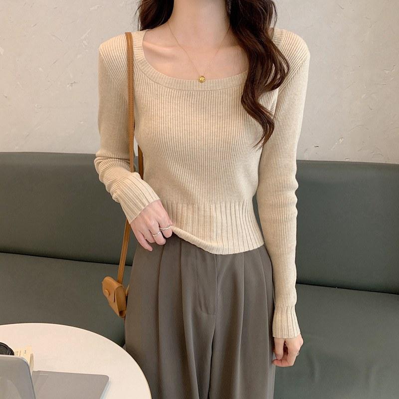 Женская весна-осень с квадратным воротником и длинным рукавом, однотонная тонкая верхняя одежда, короткий вязаный свитер