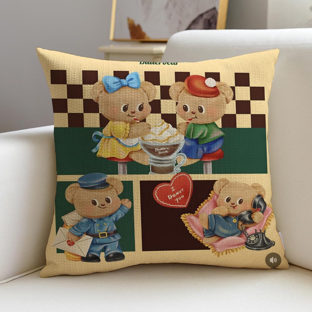 Cute BButter BearS Cushion Cover Breathable and skinfriendly linen pillowcase square removable and washable cushion