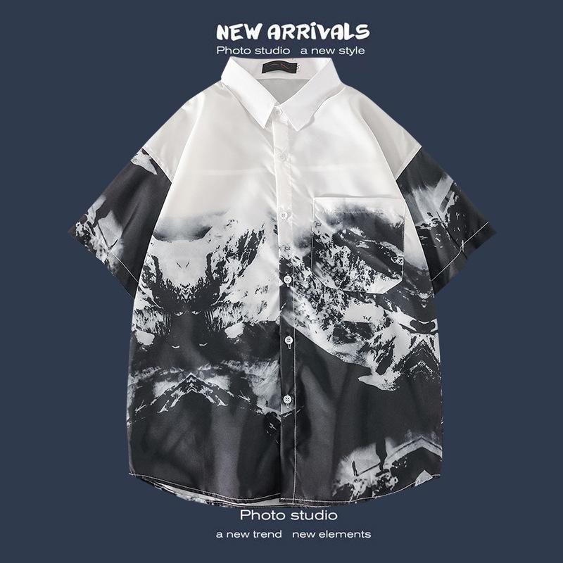 Retro Floral Shirt Blouse for Man Hawaiian Short-sleeved Floral Shirt Men's Loose Trend Couple All-match Five-point Sleeves