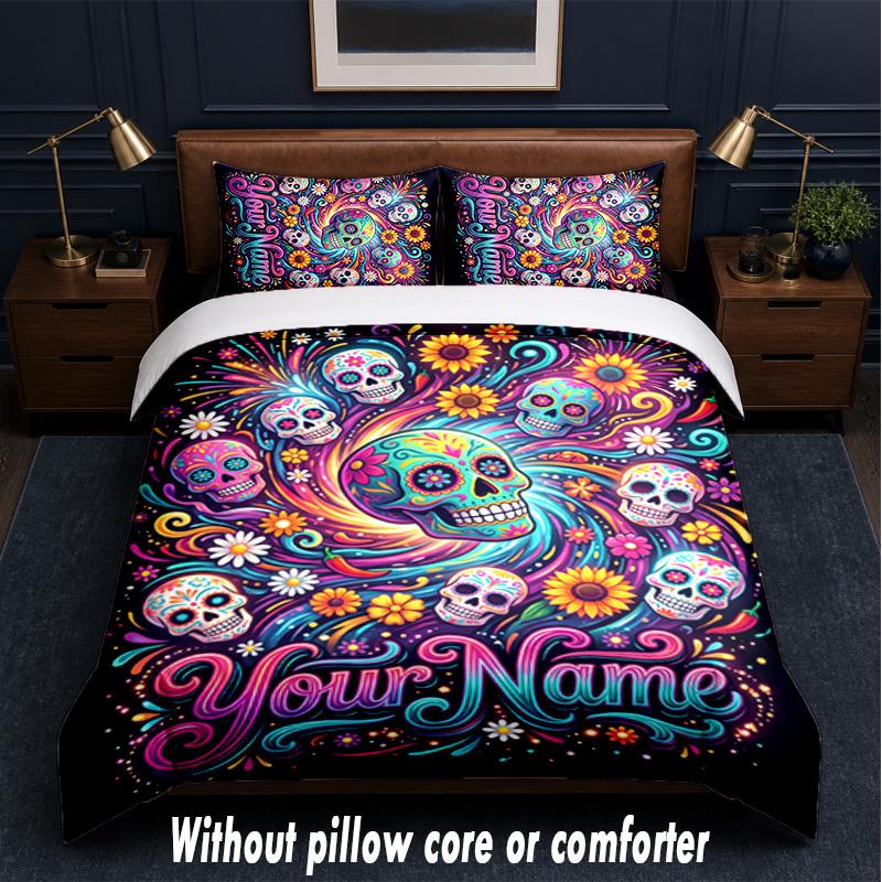 Day of the Dead Theme Custom Text Or Name 3Pcs Bedding Set,1 Flat Sheet & 2 Pillowcases Personalized Home Bedding