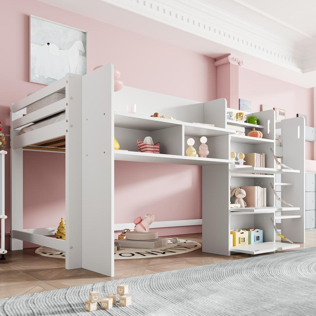 Half-high bed, 90x200 cm, house shape, multiple storage compartments, entertainment area under the bed, without mattress, white