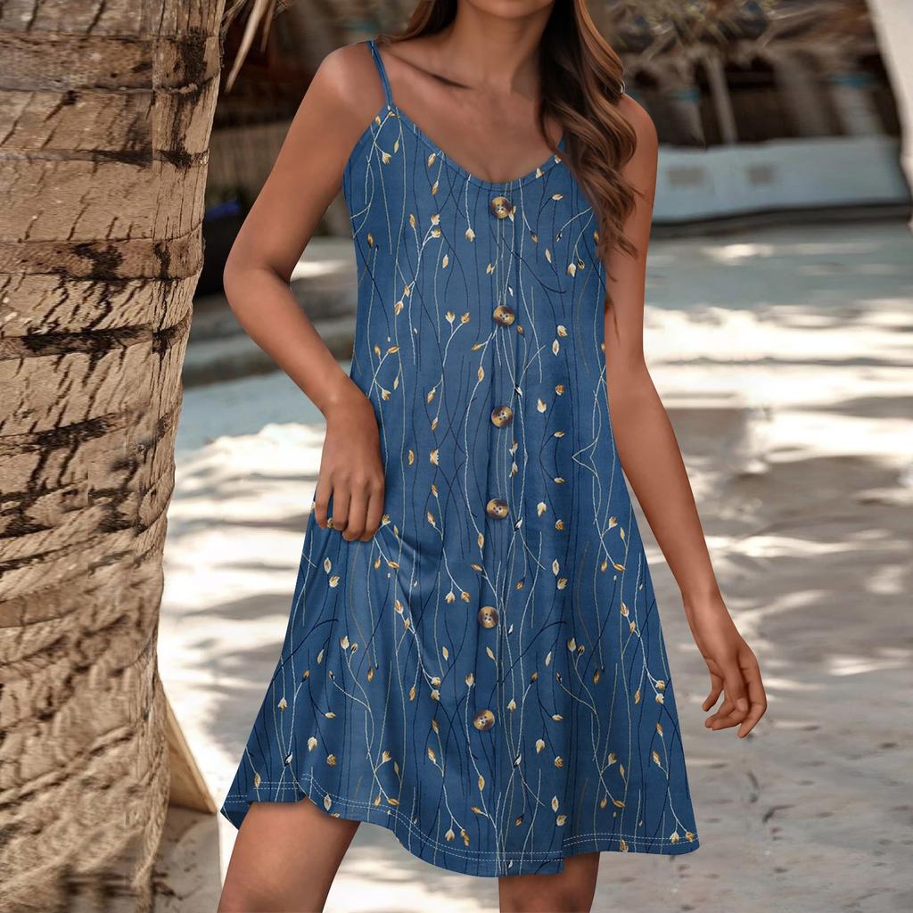 Summer Dresses For Women Spaghetti Strap Button Down Casual Sundress Beach Cover Up Dress With Pockets