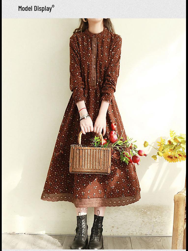 2024 Женское Ретро Цветочное Кружевное Отделка Длинная Талия Утягивающее Свободное Платье