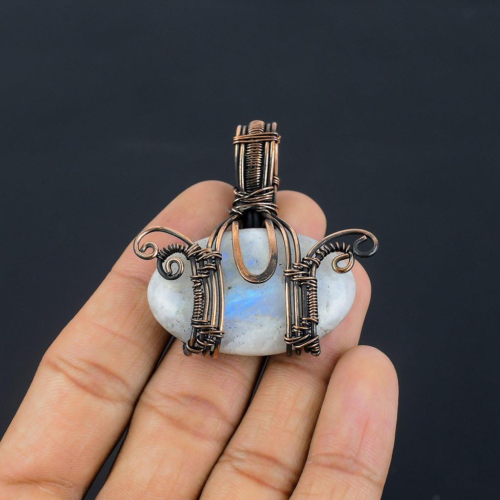 Moonstone 999 Copper Wire Wrapped Pendant, Handmade Gemstone Pendant, Gift For Mom Antique Jewelry