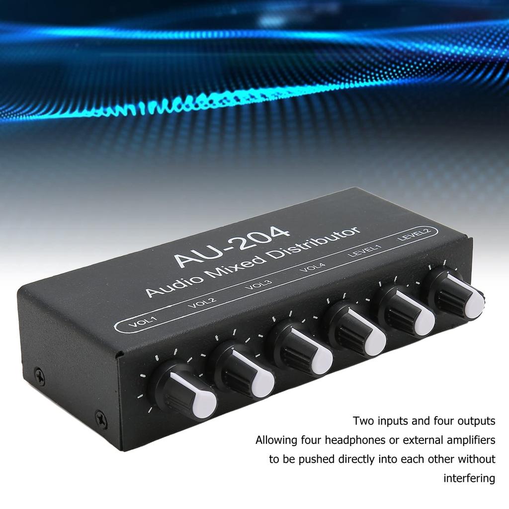 Portable Audio Mixer, Stereo Sound Signal Mixer, 2-in, 4-out, 3.5mm Interface, Stereo Headphone Amplifier Mixer for Studio and Stage Use