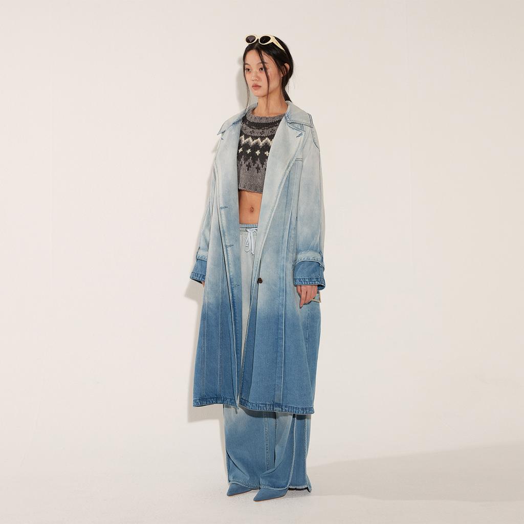 Salty Pebble Gradation Denim Trench Coat [Blue]