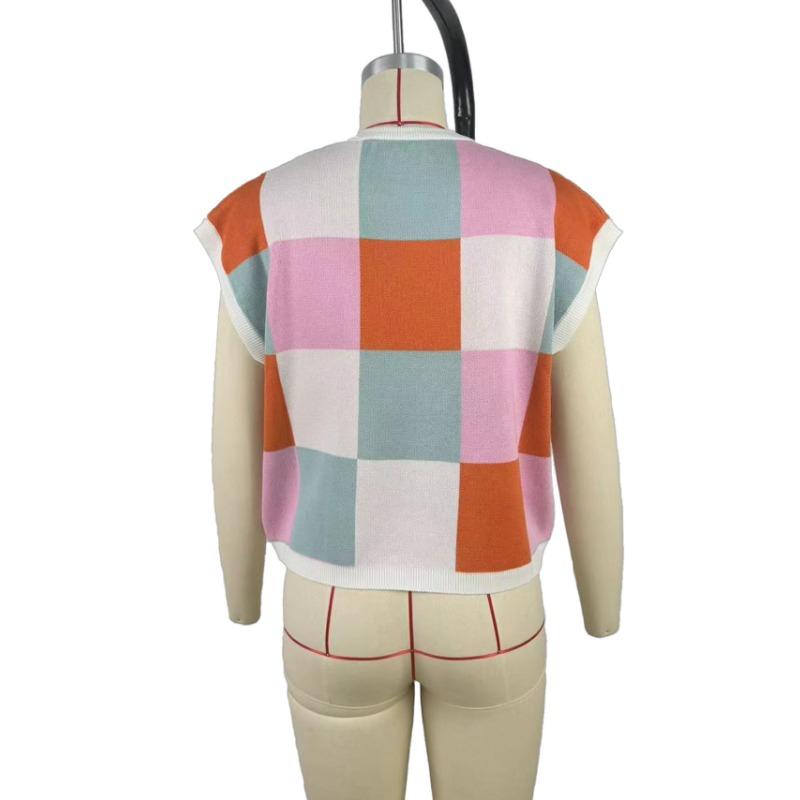 Вязаный клетчатый свитер с круглым вырезом и короткими рукавами, женский короткий топ с высокой талией и открытым пупком, повседневный трикотаж