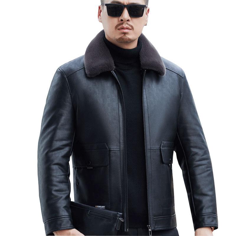 Men's Down Jacket Leather Jacket Men's Genuine Leather Jacket Lapel Thickened Warm White Duck Down Jacket Winter Jacket