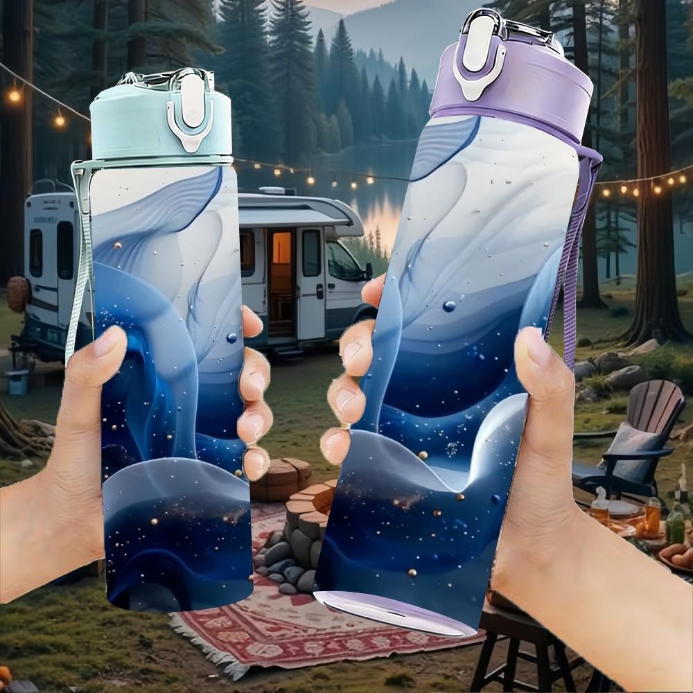 1PC Blue Marble Swirl Pattern 750ml Color Plastic Sports Water Bottle Leakproof Flip Straw Lid Suitable for Sports Office Home Use
