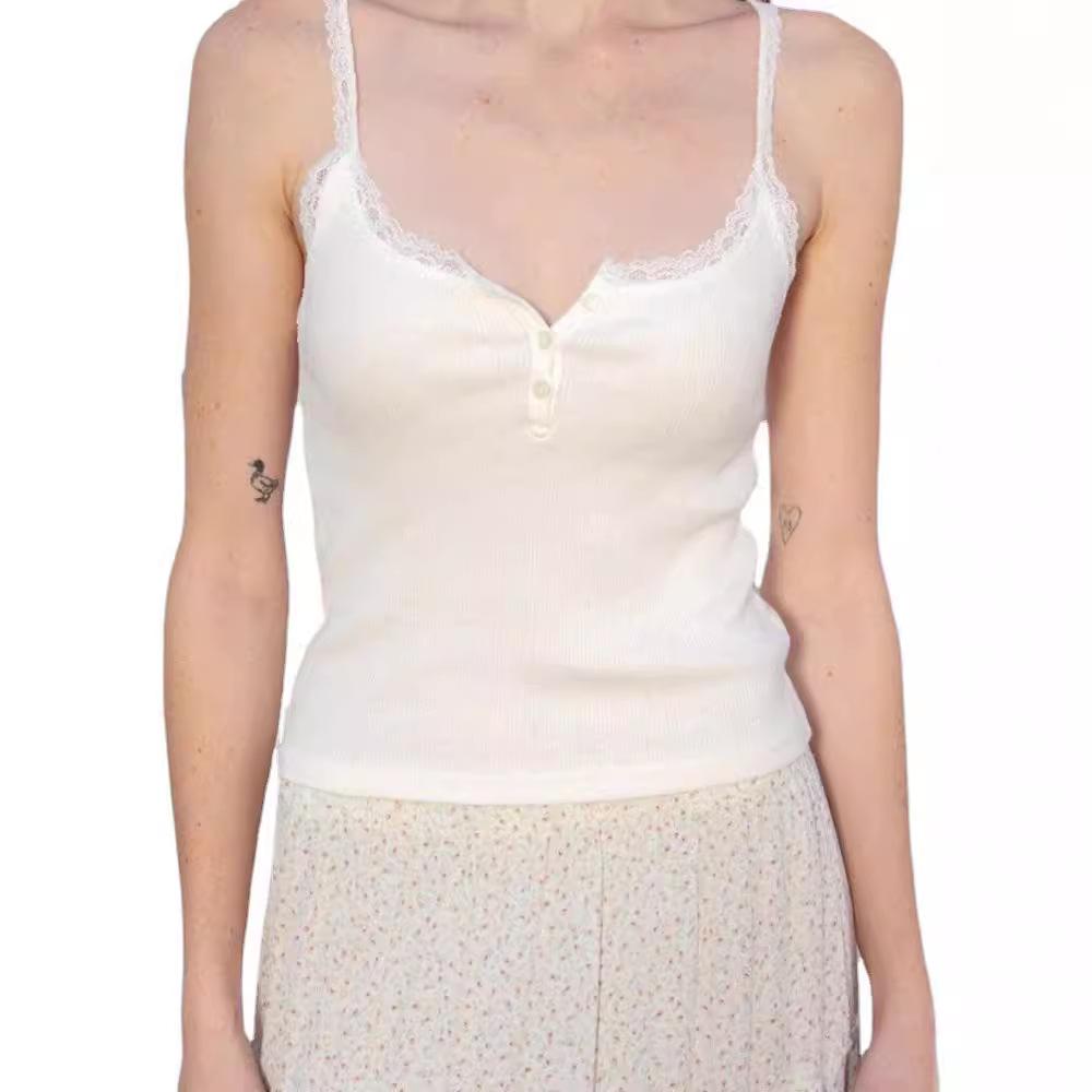 Женский летний жилет BM Style из хлопка в рубчик со сменными подтяжками на пуговицах и американским кружевом.