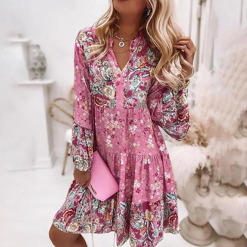 2022 Women Fashion Dress Bohemian Floral Printed V Neck Mini Dresses Casual Loose Elegant Flare Sleeve Lady Beach Holiday Dress