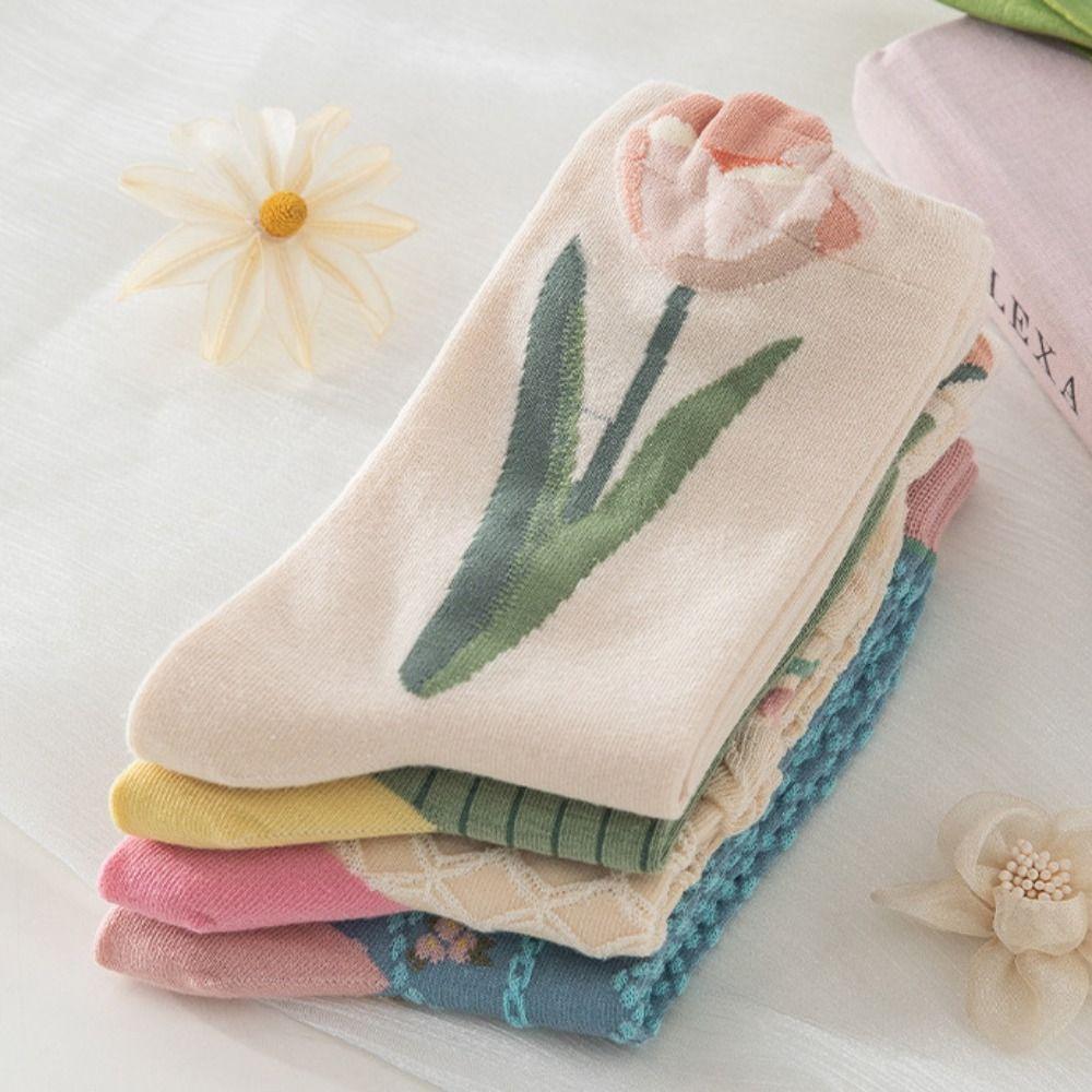 Носки с тюльпановым кружевом, теплые хлопковые носки, летние женские носки с цветами, женские