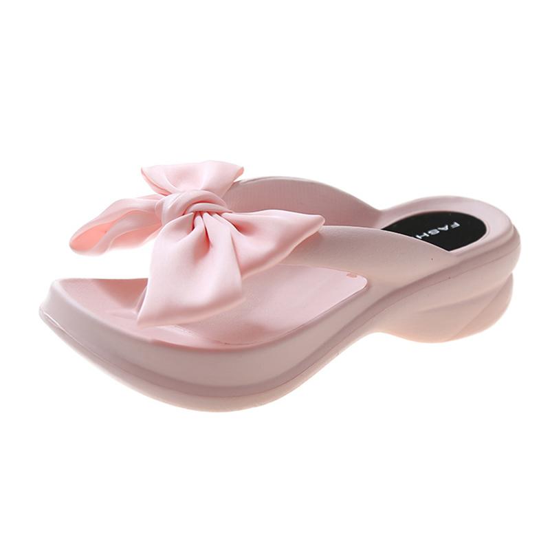 Модные розовые шлепанцы с большим бантом на танкетке для женщин, лето 2024, сандалии на платформе с клипсой, женские, толстая подошва, нескользящие пляжные шлепанцы