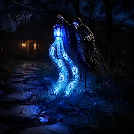 Festive Patio Lighted Displays Halloween Soul Harvester Solar Garden Stake Light, Animated Ghost Lantern with Spooky Yard Decorations Flowing