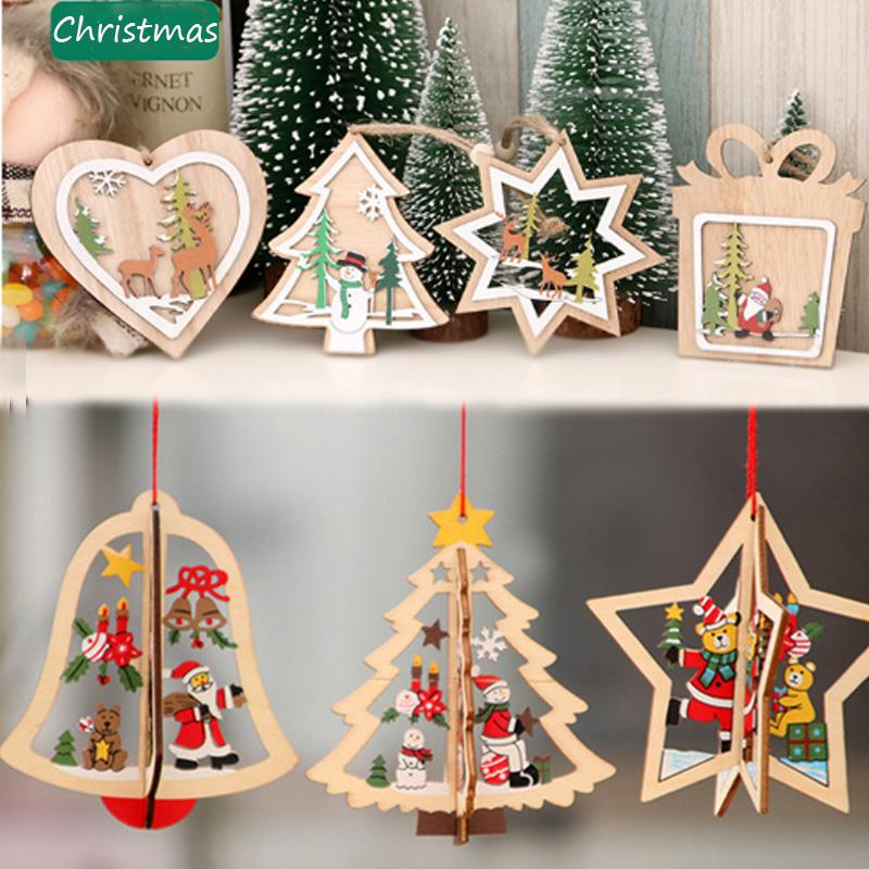 1Pc 2D/3D Christmas Ornament Wooden Hanging Pendants Star Xmas Tree Bell Christmas Decorations