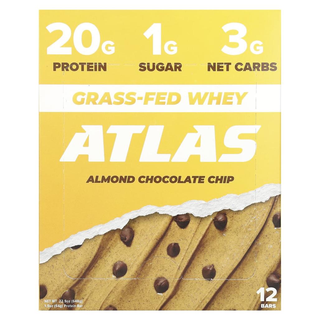 Atlas Bar Grass-Fed Whey Protein Bar, Almond Chocolate Chip, 12 Bars, 1.9 Oz (54 G) Each