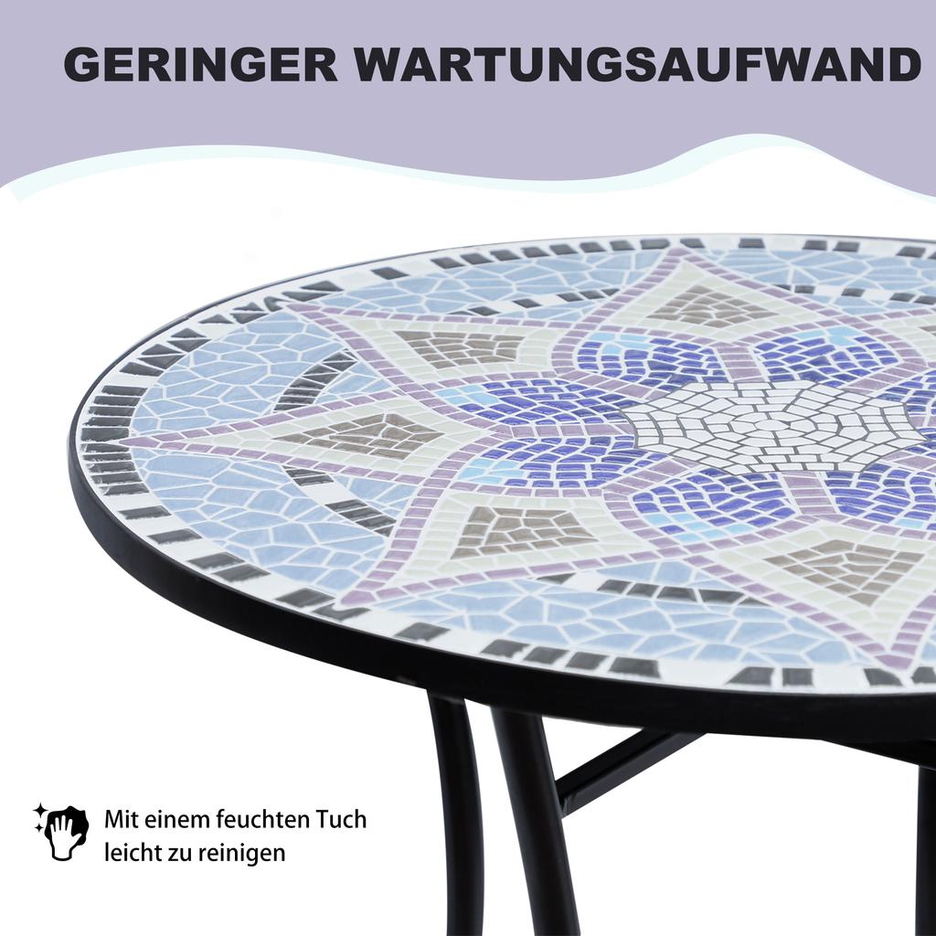 Outdoor Mosaic Round Garden Table, Patio Bistro Coffee Side Table with 60cm Ceramic Top for Garden, Blue and White