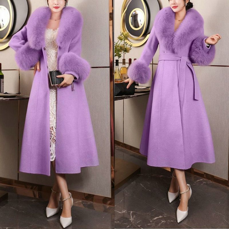 Europe, America, autumn and winter new high-end imitation fox fur collar fur coat woolen coat thin large size long cotton clothes