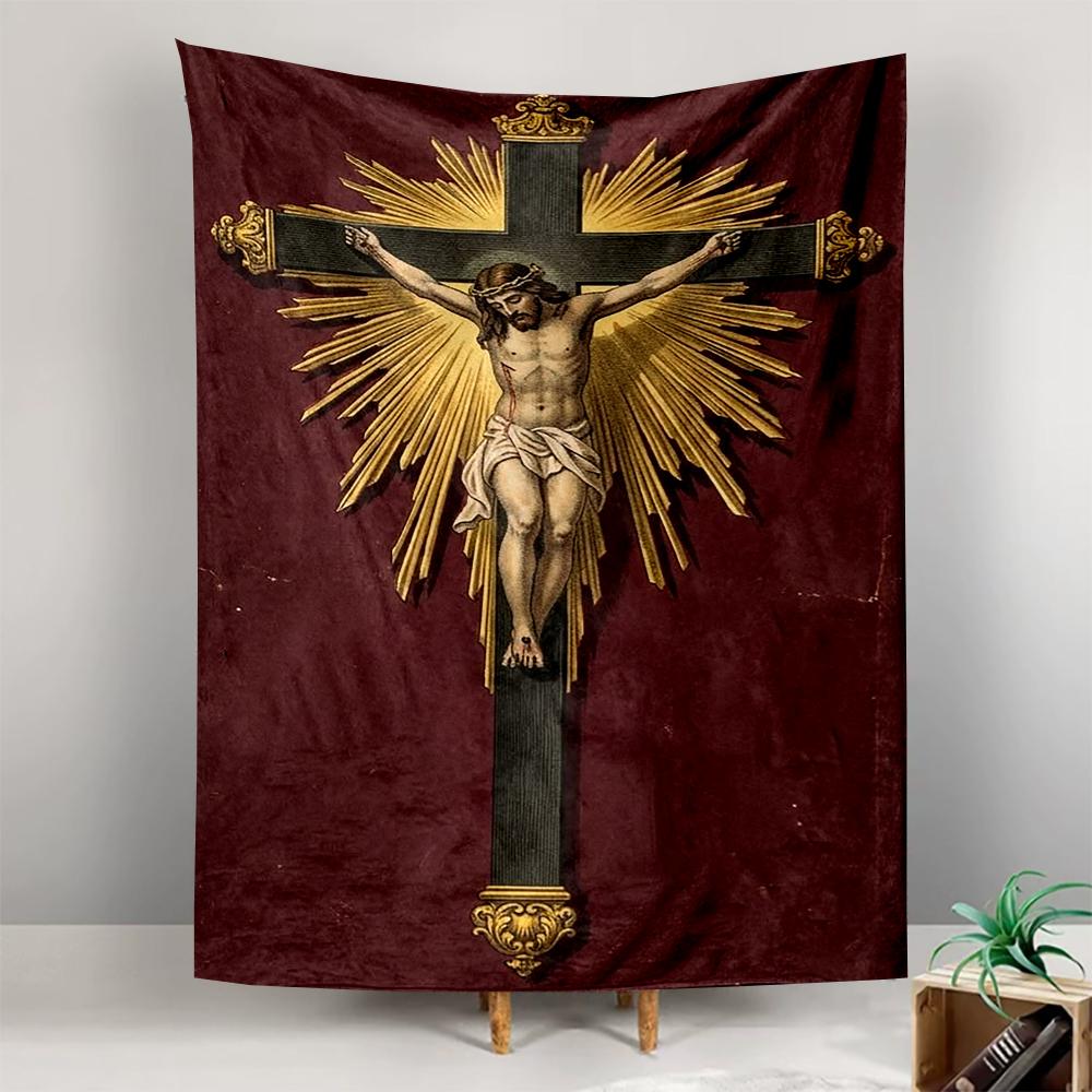 "Jesus on Cross with Radiant Gold Design Patterned tapestry for bedroom and living room home decor"
