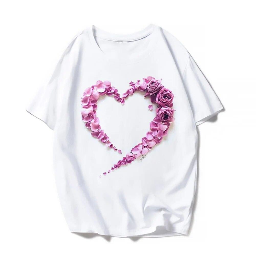 Повседневные футболки с короткими рукавами на День святого Валентина, женская модная летняя футболка с принтом Love Rose, женская футболка с графическим принтом