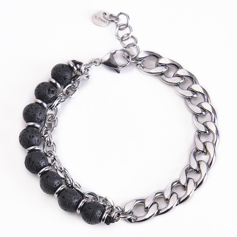 Men’s Stainless Steel Tiger Eye Double-Sided Polished Chain Bracelet with Natural Stone Beads.