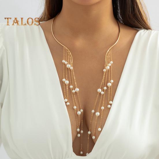 Metal Open Choker Tassel Long Star Imitation Pearl Beads Tassel Collar Clavicle Chain Necklace Chest Body Jewelry For Women