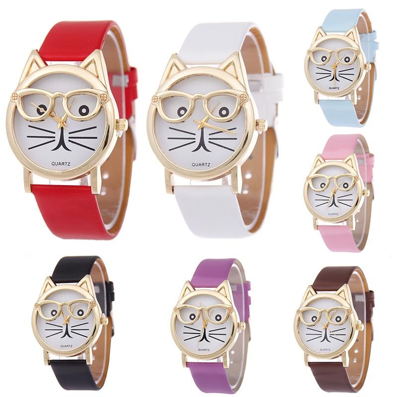 Очаровательные женские кварцевые часы с кошачьей мордочкой и кожаным ремешком, мультяшный дизайн