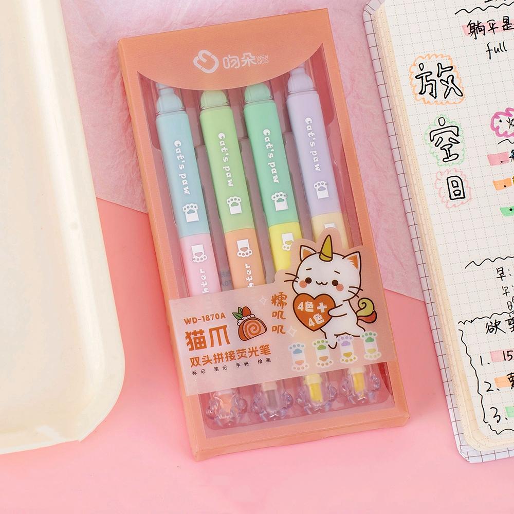 4pcs Cat Paw Design Highlighter Marker Pens Set Cartoon Kitty Dual-Tip Writing Brush for Drawing Painting School Supplies A7716