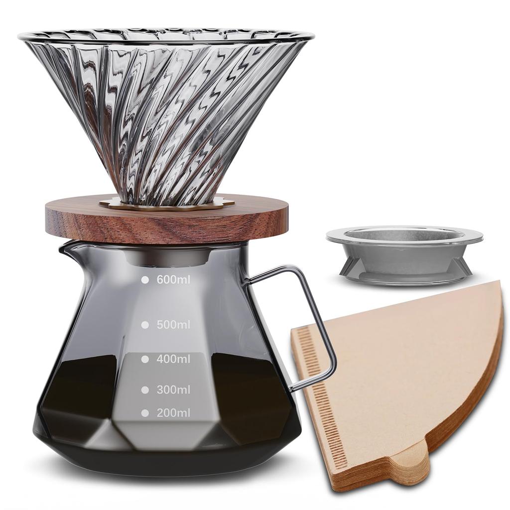 ESTVLB Coffee Server, Heat Resistant Glass, Wooden Holder, Coffee Dripper, 600ml, with Scale, For 2 To 4 People, Coffee Drip Utensil, Microwave Safe,
