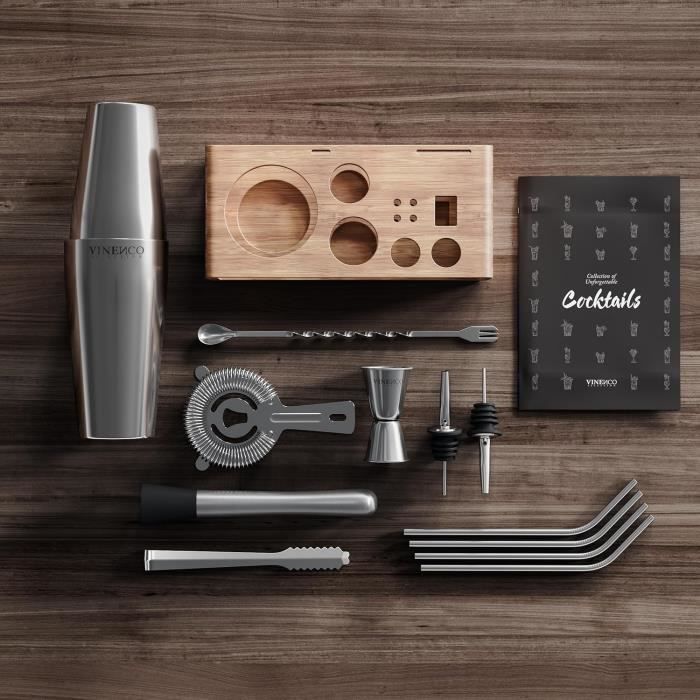 Kit cocktail - vinenco - shaker boston 750 ml - 10 pièces - inox brossé - coffret cadeau élégant