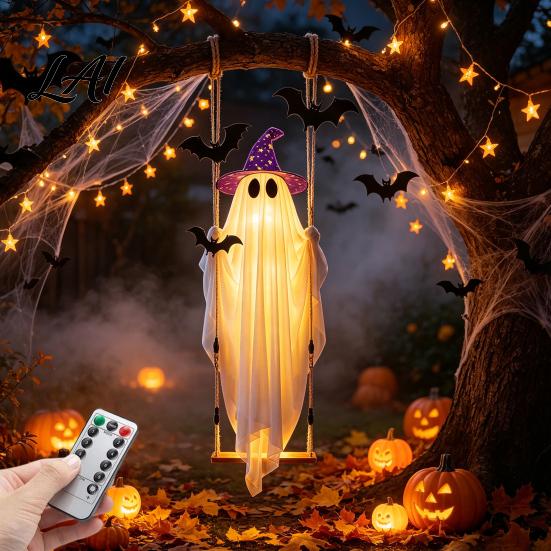 Ghostly Hanging Lights for Patio Halloween Swing Ghost Ornament with LED String Outdoor Decor Adjustable Spooky Displays Light-Up Bat Decor