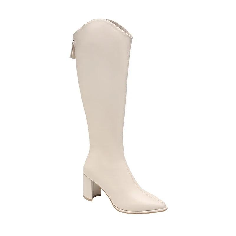 Длинные женские сапоги с острым носком, кожаные сапоги на молнии, толстые высокие каблуки, женские рыцарские сапоги 2025 года, зимние женские современные сапоги до колена Botas