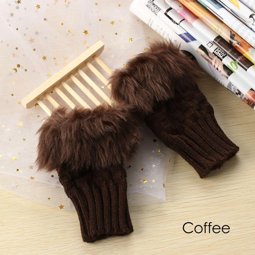 Warm Knitted Sheep Wool Couples Fingerless Mittens Wrist Gloves Faux Rabbit Fur Exposed Finger