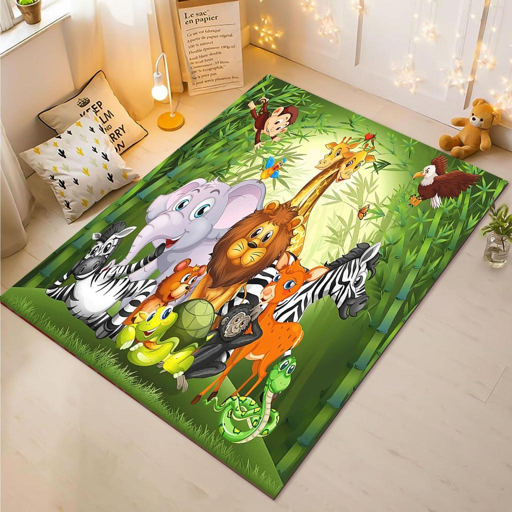 Vivid Cartoon Safari Animal Pattern Non Slip Floor Mat Durable Stain Resistant Kids Play Rug for Home Nursery Decor