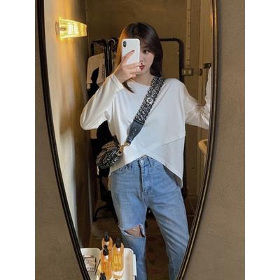 Новая осенне-зимняя универсальная футболка с длинными рукавами для женщин из чистого хлопка белого цвета с крестообразным узором, модная базовая рубашка, топ