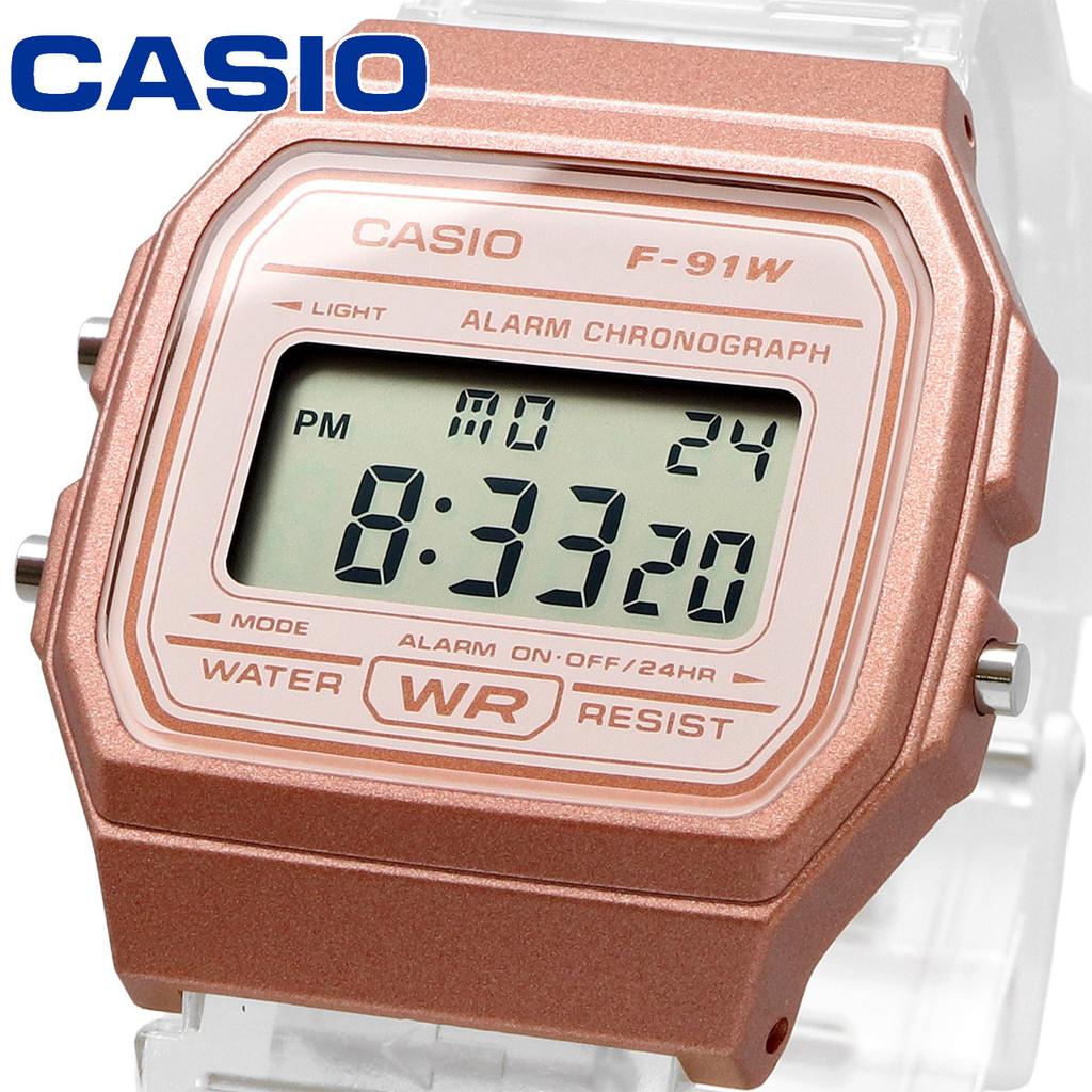 Casio Цифровые кварцевые часы, Розовое золото x Прозрачные, Часы, F-91WS-7A3, Унисекс