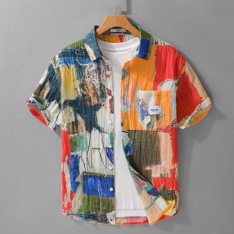 Summer Fashion Hawaiian Shirt Men Tops Soft and Comfortable Short Sleeve Printed Shirts Youth Streetwear Pleated Casual Shirt Male