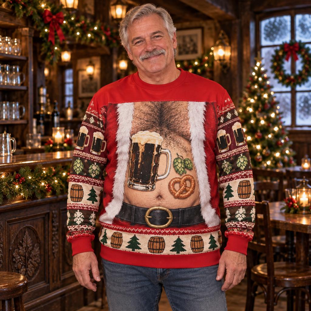 Christmas Bar Beer Belly Ugly Christmas Sweater Men 3D Print Polyester Crewneck Sweatshirt Funny Holiday Party Pullover