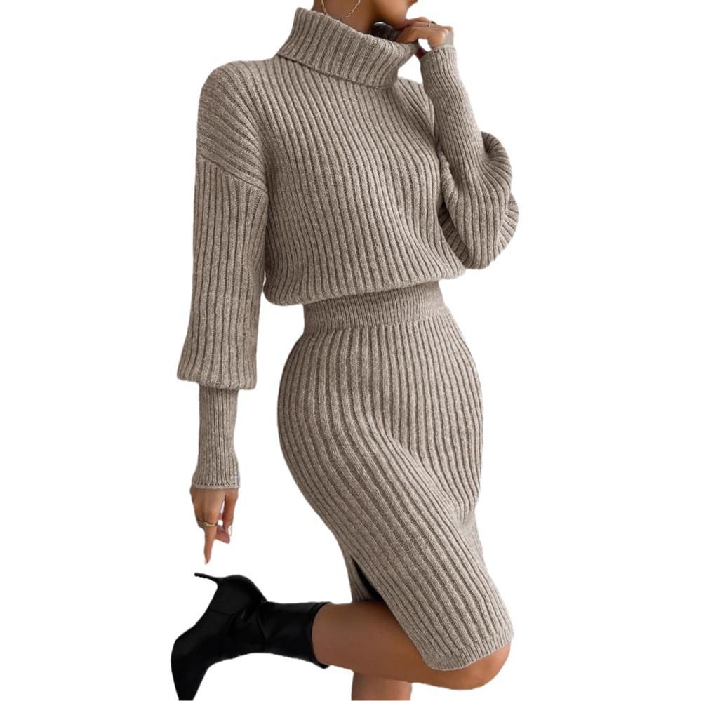 Женский осенний однотонный костюм-двойка 2024: Топ с полувысоким воротом и коротким рукавом и миди-юбка облегающего кроя