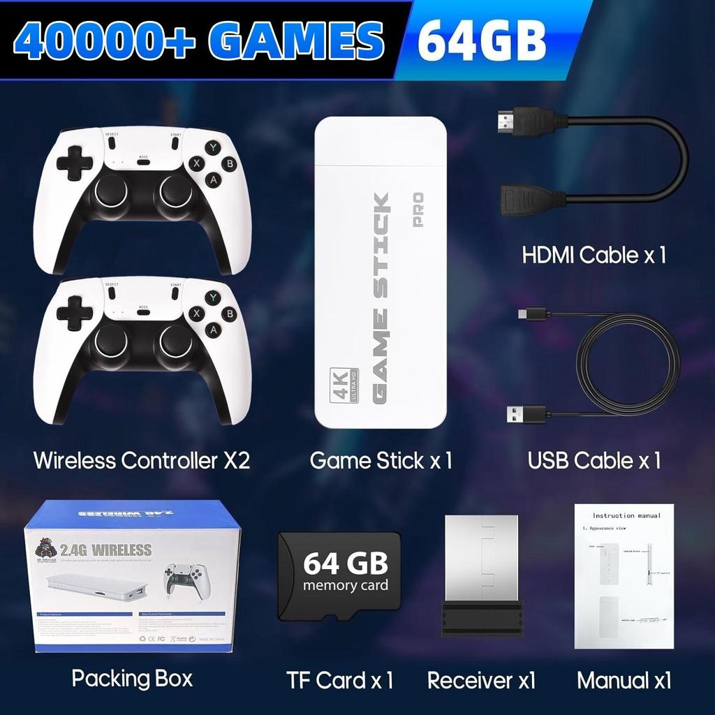 Беспроводная ретро-игровая консоль с 40 000 встроенных классических игр, выходом 4K HDMI для телевизора, беспроводным контроллером 2.4G, ностальгическим игровым джойстиком 64G