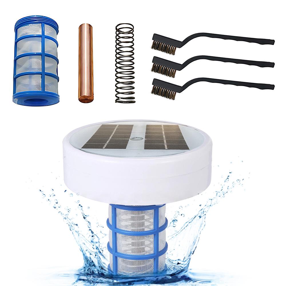 Purifier Solar Pool Ionizer Cleaning Tool for Above Ground Inground Eliminating Algae Copper Water Ionizer with 3 Cleaning Brush