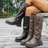 Мода Винтаж Большой Размер 36-42 Пряжка Ремня Рыцарские Сапоги Женские 2025 Осень Новые Круглый Носок Британский Стиль Botas Largas Mujer Черная ПУ