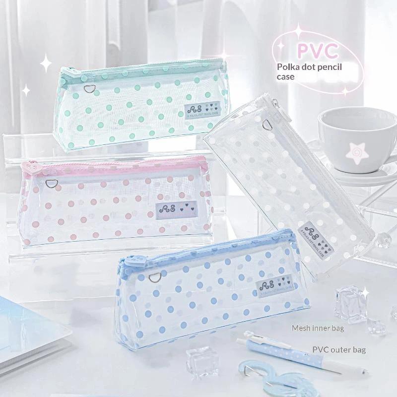 Прозрачный пенал в горошек, прозрачный ПВХ, портативная косметичка для канцелярских принадлежностей, съемная сумка-органайзер для хранения канцелярских принадлежностей для учебы