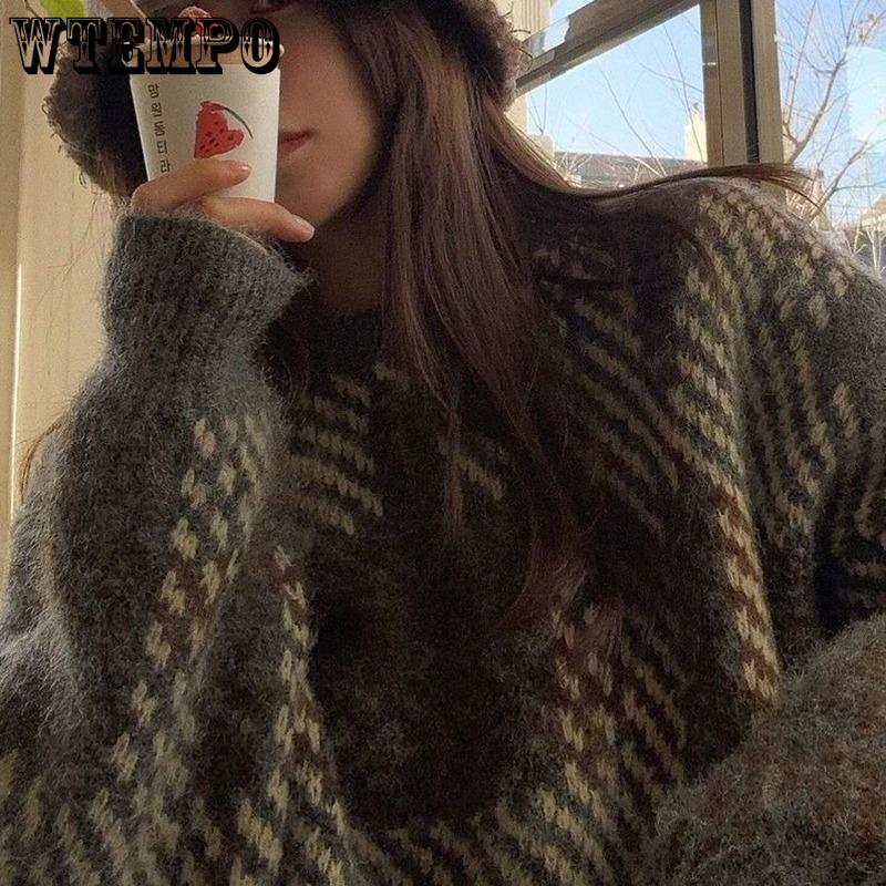 WTEMPO Мягкие женские осенне-зимние новые клетчатые ретро-свитера Y2K Loose Lazy High-end Sense of Temperament