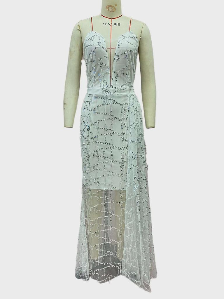 Женское сексуальное серебристое платье макси с V-образным вырезом на подтяжках 2025 года